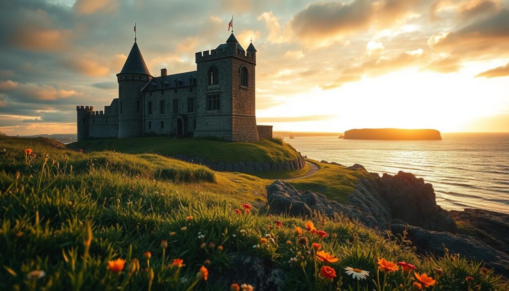 Borgholm Castle stands majestically on the rocky coastline of Öland, showcasing its weathered stone walls and towering spires against a dramatic sunset sky. In the foreground, patches of lush green grass mingle with wildflowers, capturing the serene beauty of the surrounding landscape. The middle ground features the castle's detailed architecture, with its ancient towers and arched windows reflecting the warm hues of the fading sunlight. In the background, the Baltic Sea sparkles with gentle waves, while distant cliffs outline the horizon. The scene is captured with a Sony A7R IV at 70mm, using a polarized filter to enhance the vivid colors and clearly defined details. The mood is enchanting and historical, evoking a sense of wonder and nostalgia for Borgholm's rich past. Borgholm Castle stands majestically on the rocky coastline of Öland, showcasing its weathered stone walls and towering spires against a dramatic sunset sky. In the foreground, patches of lush green grass mingle with wildflowers, capturing the serene beauty of the surrounding landscape. The middle ground features the castle's detailed architecture, with its ancient towers and arched windows reflecting the warm hues of the fading sunlight. In the background, the Baltic Sea sparkles with gentle waves, while distant cliffs outline the horizon. The scene is captured with a Sony A7R IV at 70mm, using a polarized filter to enhance the vivid colors and clearly defined details. The mood is enchanting and historical, evoking a sense of wonder and nostalgia for Borgholm's rich past.
