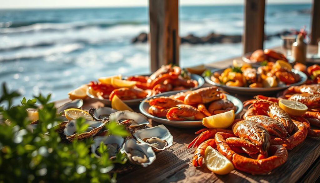 Fresh seasonal seafood displayed on a rustic wooden table, featuring a vibrant assortment of oysters, shrimp, and crabs, glistening with moisture and surrounded by warm, golden sunlight. In the foreground, soft-focus herbs and lemon slices add a touch of color and texture, while the middle ground showcases intricately arranged seafood on elegant plates, enhancing the gourmet atmosphere. The background softly blurs into a coastal scene with hints of the sea, where gentle waves kiss the shore under a clear blue sky. The image is shot with a Sony A7R IV at 70mm, employing a polarized filter to capture the vivid colors and sharp details, exuding a fresh, inviting mood that highlights the bountiful flavors of the ocean.