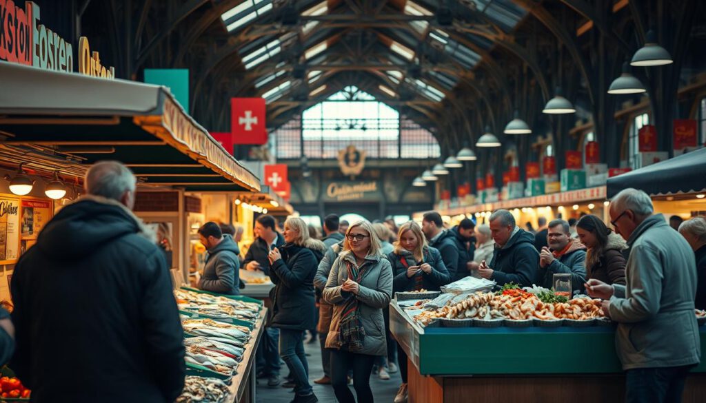 Ostermarkt in Malmö Saluhall, showcasing a vibrant scene filled with colorful stalls displaying a variety of seafood specialties, local delicacies, and artisan treats. In the foreground, a lively market stall, adorned with fresh fish, oysters, and shrimp, attracts enthusiastic visitors, all dressed in modest casual clothing. The middle ground features a diverse group of people sampling street food, laughing, and sharing experiences, captured in a warm and inviting atmosphere. The background reveals the architectural beauty of Malmö Saluhall, with its rustic wooden beams and bustling interior. The image is bathed in soft, natural lighting, simulating the golden hour, and shot with a Sony A7R IV at 70mm for clear focus and sharp definition, enhanced by a polarized filter to emphasize the vivid colors and details of the market scene. Ostermarkt in Malmö Saluhall, showcasing a vibrant scene filled with colorful stalls displaying a variety of seafood specialties, local delicacies, and artisan treats. In the foreground, a lively market stall, adorned with fresh fish, oysters, and shrimp, attracts enthusiastic visitors, all dressed in modest casual clothing. The middle ground features a diverse group of people sampling street food, laughing, and sharing experiences, captured in a warm and inviting atmosphere. The background reveals the architectural beauty of Malmö Saluhall, with its rustic wooden beams and bustling interior. The image is bathed in soft, natural lighting, simulating the golden hour, and shot with a Sony A7R IV at 70mm for clear focus and sharp definition, enhanced by a polarized filter to emphasize the vivid colors and details of the market scene.
