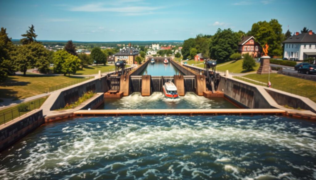 A breathtaking view of the Trollhättan sluice system, showcasing its iconic lock gates and intricate machinery. In the foreground, capture the flowing waters of the Göta Canal as they move through the first lock chamber, surrounded by lush greenery and well-kept pathways. The middle ground features the impressive sluices in operation, with boat traffic negotiating the locks, highlighting the engineering marvel. In the background, depict the historical buildings and the sprawling landscape of Trollhättan under a clear blue sky. Use soft yet vibrant lighting to enhance the serene mood of a sunny day. The image should be sharply defined, with a focal length of 70mm, and apply a polarized filter to ensure rich colors and deep contrasts.