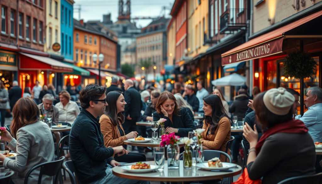 A bustling outdoor café scene in Norrköping, showcasing the city's vibrant gastronomic culture. In the foreground, a diverse group of people in modest casual clothing are engaged in lively conversation while enjoying gourmet dishes on elegant dining tables adorned with fresh flowers. In the middle ground, the charming streets are lined with colorful restaurant facades featuring inviting outdoor seating. The background reveals historic industrial buildings, beautifully illuminated by soft evening lights that reflect the atmospheric mood of the city. Shot on a Sony A7R IV at 70mm, with a polarized filter to enhance the clarity and colors of this lively setting. The overall atmosphere is warm and welcoming, combining a sense of community with the unique flavors of Norrköping’s culinary scene. A bustling outdoor café scene in Norrköping, showcasing the city's vibrant gastronomic culture. In the foreground, a diverse group of people in modest casual clothing are engaged in lively conversation while enjoying gourmet dishes on elegant dining tables adorned with fresh flowers. In the middle ground, the charming streets are lined with colorful restaurant facades featuring inviting outdoor seating. The background reveals historic industrial buildings, beautifully illuminated by soft evening lights that reflect the atmospheric mood of the city. Shot on a Sony A7R IV at 70mm, with a polarized filter to enhance the clarity and colors of this lively setting. The overall atmosphere is warm and welcoming, combining a sense of community with the unique flavors of Norrköping’s culinary scene.