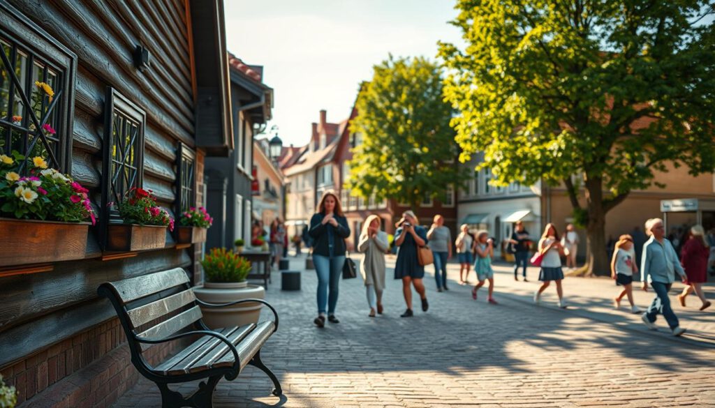 A charming view of Gamla Linköping, showcasing its picturesque wooden houses and cobblestone streets in soft, warm afternoon light. In the foreground, detail the vibrant flowers in window boxes and a quaint bench inviting passersby to relax. The middle ground captures visitors in modest casual clothing, exploring the area with cameras, and children playing, adding a lively atmosphere. The historic buildings feature traditional Swedish architecture, highlighted beautifully. In the background, the lush greenery of trees frames the scene, creating a serene environment. The image should be shot with a Sony A7R IV at 70mm, ensuring crisp focus and vivid colors, enhanced through a polarizing filter to deepen the blue sky and enhance contrasts. The overall mood is inviting and warm, drawing viewers into the essence of Swedish tourism. A charming view of Gamla Linköping, showcasing its picturesque wooden houses and cobblestone streets in soft, warm afternoon light. In the foreground, detail the vibrant flowers in window boxes and a quaint bench inviting passersby to relax. The middle ground captures visitors in modest casual clothing, exploring the area with cameras, and children playing, adding a lively atmosphere. The historic buildings feature traditional Swedish architecture, highlighted beautifully. In the background, the lush greenery of trees frames the scene, creating a serene environment. The image should be shot with a Sony A7R IV at 70mm, ensuring crisp focus and vivid colors, enhanced through a polarizing filter to deepen the blue sky and enhance contrasts. The overall mood is inviting and warm, drawing viewers into the essence of Swedish tourism.