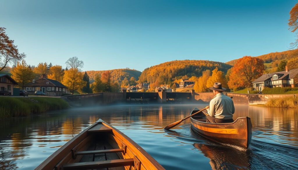 A historical depiction of the Dalsland Canal, capturing its serene beauty and rich history. In the foreground, a traditional wooden canoe glides peacefully along the canal, with an experienced paddler dressed in modest attire. The middle ground features beautifully maintained lock gates surrounded by lush greenery, showcasing the engineering marvels of the canal. In the background, gentle hills rise against a clear blue sky, dotted with vibrant autumn leaves. Soft, golden sunlight filters through the trees, casting warm reflections on the water, while a subtle mist adds depth to the scene. Shot on a Sony A7R IV with a 70mm lens, emphasizing sharp details and a vibrant color palette, conveying a tranquil and historical atmosphere. A historical depiction of the Dalsland Canal, capturing its serene beauty and rich history. In the foreground, a traditional wooden canoe glides peacefully along the canal, with an experienced paddler dressed in modest attire. The middle ground features beautifully maintained lock gates surrounded by lush greenery, showcasing the engineering marvels of the canal. In the background, gentle hills rise against a clear blue sky, dotted with vibrant autumn leaves. Soft, golden sunlight filters through the trees, casting warm reflections on the water, while a subtle mist adds depth to the scene. Shot on a Sony A7R IV with a 70mm lens, emphasizing sharp details and a vibrant color palette, conveying a tranquil and historical atmosphere.