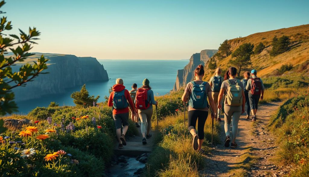 A peaceful and picturesque scene showcasing responsible hiking in a stunning natural environment along the High Coast Trail. In the foreground, a diverse group of hikers dressed in modest casual clothing is attentively following a marked path, carrying eco-friendly backpacks and engaging with nature. In the middle ground, lush green foliage and vibrant wildflowers frame the trail, while a gentle stream flows nearby. The background reveals the majestic cliffs and the serene Baltic Sea under a clear blue sky. The scene is warmly lit by the golden hour sun, casting soft shadows and enhancing the rich colors of the landscape. Shot on a Sony A7R IV at 70mm, the image captures sharp details and a serene, inviting atmosphere that promotes environmental awareness and responsible outdoor activities. A peaceful and picturesque scene showcasing responsible hiking in a stunning natural environment along the High Coast Trail. In the foreground, a diverse group of hikers dressed in modest casual clothing is attentively following a marked path, carrying eco-friendly backpacks and engaging with nature. In the middle ground, lush green foliage and vibrant wildflowers frame the trail, while a gentle stream flows nearby. The background reveals the majestic cliffs and the serene Baltic Sea under a clear blue sky. The scene is warmly lit by the golden hour sun, casting soft shadows and enhancing the rich colors of the landscape. Shot on a Sony A7R IV at 70mm, the image captures sharp details and a serene, inviting atmosphere that promotes environmental awareness and responsible outdoor activities.