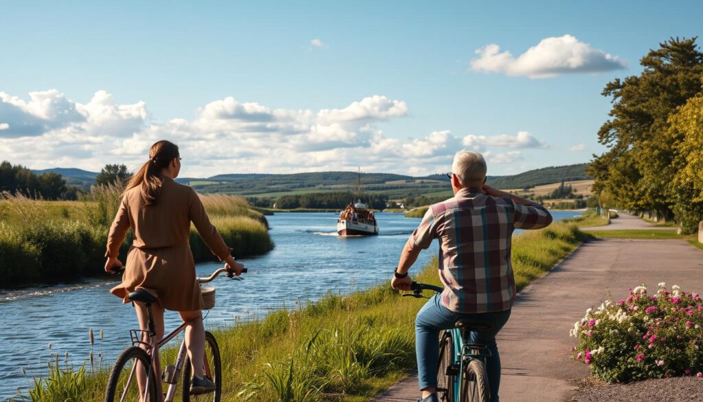 A picturesque scene showcasing activities around the Göta Canal in Sweden, featuring a serene canal with gently flowing water, surrounded by lush greenery and blooming flowers. In the foreground, a couple in modest casual clothing enjoys a leisurely bicycle ride along the canal path. In the middle ground, a small historic boat glides through the water, with tourists on board admiring the scenery and taking photographs. The background reveals rolling hills and a clear blue sky, with fluffy white clouds. Soft sunlight casts a warm glow over the scene, enhancing the vibrant colors of the landscape. Shot on a Sony A7R IV with a 70mm lens, clearly focused and sharply defined, using a polarized filter to enhance the natural beauty of the surroundings. A picturesque scene showcasing activities around the Göta Canal in Sweden, featuring a serene canal with gently flowing water, surrounded by lush greenery and blooming flowers. In the foreground, a couple in modest casual clothing enjoys a leisurely bicycle ride along the canal path. In the middle ground, a small historic boat glides through the water, with tourists on board admiring the scenery and taking photographs. The background reveals rolling hills and a clear blue sky, with fluffy white clouds. Soft sunlight casts a warm glow over the scene, enhancing the vibrant colors of the landscape. Shot on a Sony A7R IV with a 70mm lens, clearly focused and sharply defined, using a polarized filter to enhance the natural beauty of the surroundings.