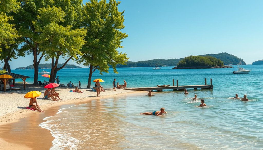A picturesque summer scene showcasing the refreshing swimming options in Örnsköldsvik. In the foreground, a serene sandy beach with gentle waves lapping at the shore, dotted with families enjoying a sunny day. Children are splashing in the water, while adults lounge under colorful umbrellas in modest summer attire. In the middle ground, vibrant green trees frame the beach, and a wooden dock extends into the clear blue water, where a few small boats are anchored. The background features the stunning archipelago of Höga Kusten, with lush green islands and rocky cliffs visible. The lighting is bright and sunny, with a hint of summer haze, and the image is shot on a Sony A7R IV at 70mm for crisp detail and a natural, inviting atmosphere. A picturesque summer scene showcasing the refreshing swimming options in Örnsköldsvik. In the foreground, a serene sandy beach with gentle waves lapping at the shore, dotted with families enjoying a sunny day. Children are splashing in the water, while adults lounge under colorful umbrellas in modest summer attire. In the middle ground, vibrant green trees frame the beach, and a wooden dock extends into the clear blue water, where a few small boats are anchored. The background features the stunning archipelago of Höga Kusten, with lush green islands and rocky cliffs visible. The lighting is bright and sunny, with a hint of summer haze, and the image is shot on a Sony A7R IV at 70mm for crisp detail and a natural, inviting atmosphere.