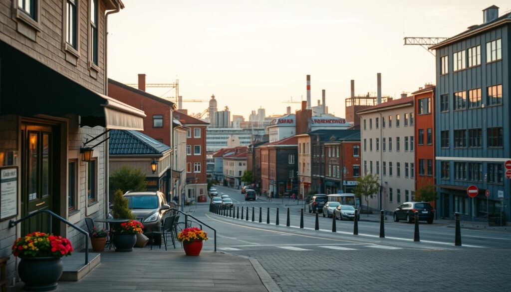 A picturesque view illustrating lodging options in Norrköping, featuring a blend of charming boutique hotels and modern accommodations. In the foreground, a cozy hotel entrance with welcoming outdoor seating and vibrant flower pots, inviting travelers. The middle ground showcases diverse styles of buildings, from restored industrial architecture to contemporary designs, bathed in warm evening light, reflecting the ambiance of the city. In the background, soft silhouettes of Norrköping's skyline with river views, capturing the essence of its industrial culture. The scene is shot with a Sony A7R IV at 70mm, focused sharply, with a polarized filter enhancing colors and clarity. The overall atmosphere is welcoming and vibrant, ideal for travelers looking to explore the city's rich offerings. A picturesque view illustrating lodging options in Norrköping, featuring a blend of charming boutique hotels and modern accommodations. In the foreground, a cozy hotel entrance with welcoming outdoor seating and vibrant flower pots, inviting travelers. The middle ground showcases diverse styles of buildings, from restored industrial architecture to contemporary designs, bathed in warm evening light, reflecting the ambiance of the city. In the background, soft silhouettes of Norrköping's skyline with river views, capturing the essence of its industrial culture. The scene is shot with a Sony A7R IV at 70mm, focused sharply, with a polarized filter enhancing colors and clarity. The overall atmosphere is welcoming and vibrant, ideal for travelers looking to explore the city's rich offerings.