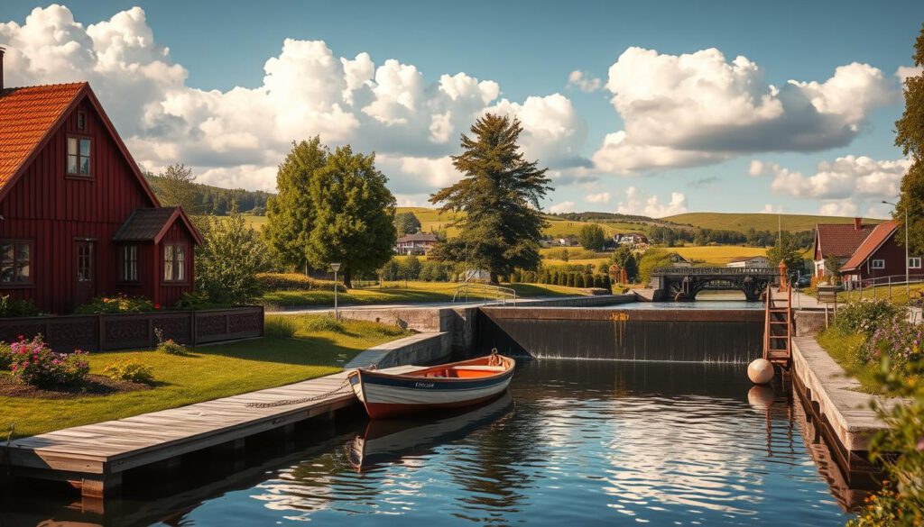 A picturesque view of Göta Canal, showcasing notable landmarks along its serene banks. In the foreground, a charming traditional Swedish house with a red wooden exterior and flowering gardens, complemented by a small dock with a vintage boat gently bobbing in the water. In the middle ground, a historic lock mechanism is visible, surrounded by lush green trees and blooming wildflowers. The background features rolling hills under a bright blue sky with fluffy white clouds. The scene is bathed in warm, golden hour lighting, creating a tranquil atmosphere. The shot is taken with a Sony A7R IV at 70mm, sharply defined with a polarized filter, emphasizing the vibrant colors and reflections on the canal water. A picturesque view of Göta Canal, showcasing notable landmarks along its serene banks. In the foreground, a charming traditional Swedish house with a red wooden exterior and flowering gardens, complemented by a small dock with a vintage boat gently bobbing in the water. In the middle ground, a historic lock mechanism is visible, surrounded by lush green trees and blooming wildflowers. The background features rolling hills under a bright blue sky with fluffy white clouds. The scene is bathed in warm, golden hour lighting, creating a tranquil atmosphere. The shot is taken with a Sony A7R IV at 70mm, sharply defined with a polarized filter, emphasizing the vibrant colors and reflections on the canal water.