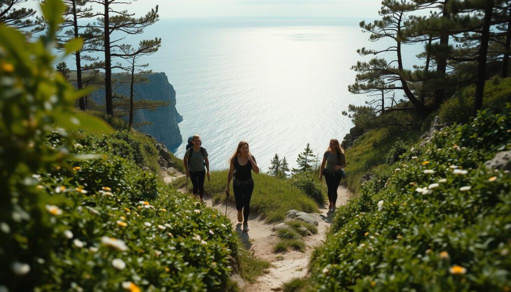 A picturesque view showcasing the distinct stages and hiking trails of the High Coast Trail in Sweden. In the foreground, a well-trodden path winds through lush green foliage, dotted with wildflowers, leading to breathtaking coastal cliffs. In the middle ground, hikers wearing casual, modest clothing navigate the trail, their expressions filled with joy and determination. The background features the shimmering blue waters of the Baltic Sea, reflecting the sunlight, with rocky outcrops and pine trees framing the scene. Soft, natural lighting enhances the vibrant colors of the landscape, creating a serene atmosphere. Shot on a Sony A7R IV with a 70mm lens, capturing crisp details and sharp focus, using a polarized filter to accentuate the clarity of the sky and water. A picturesque view showcasing the distinct stages and hiking trails of the High Coast Trail in Sweden. In the foreground, a well-trodden path winds through lush green foliage, dotted with wildflowers, leading to breathtaking coastal cliffs. In the middle ground, hikers wearing casual, modest clothing navigate the trail, their expressions filled with joy and determination. The background features the shimmering blue waters of the Baltic Sea, reflecting the sunlight, with rocky outcrops and pine trees framing the scene. Soft, natural lighting enhances the vibrant colors of the landscape, creating a serene atmosphere. Shot on a Sony A7R IV with a 70mm lens, capturing crisp details and sharp focus, using a polarized filter to accentuate the clarity of the sky and water.