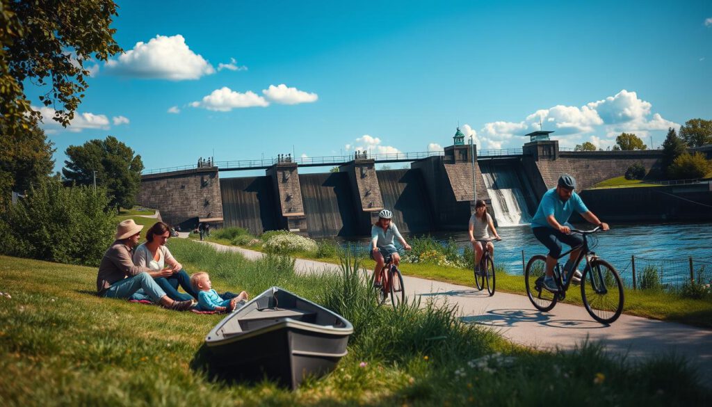 A scenic view of Göta-Kanal during a sunny day, capturing the vibrancy of outdoor activities. In the foreground, a family in modest casual clothing enjoys a picnic on a grassy bank, with a small boat tied nearby. In the middle ground, cyclists ride along the canal path, showcasing some greenery and blooming wildflowers. The background features the iconic locks of Trollhättan, with their impressive stone work and the gently flowing water of the canal. The sky is bright blue with a few fluffy white clouds, creating a cheerful atmosphere. The image is sharply defined, with a slight lens blur on the edges, simulating a shot taken with a Sony A7R IV at 70mm, enhanced by a polarized filter for vivid colors and clear contrasts. A scenic view of Göta-Kanal during a sunny day, capturing the vibrancy of outdoor activities. In the foreground, a family in modest casual clothing enjoys a picnic on a grassy bank, with a small boat tied nearby. In the middle ground, cyclists ride along the canal path, showcasing some greenery and blooming wildflowers. The background features the iconic locks of Trollhättan, with their impressive stone work and the gently flowing water of the canal. The sky is bright blue with a few fluffy white clouds, creating a cheerful atmosphere. The image is sharply defined, with a slight lens blur on the edges, simulating a shot taken with a Sony A7R IV at 70mm, enhanced by a polarized filter for vivid colors and clear contrasts.