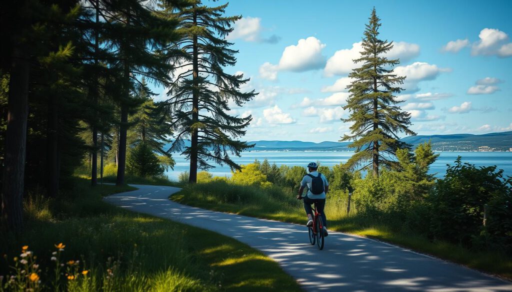 A scenic view of the Fernradweg Vänerleden, showcasing a winding bicycle path along the picturesque shores of Sweden's Vänern Lake. In the foreground, a cyclist clad in modest casual clothing rides along a smooth, tree-lined trail, surrounded by vibrant greenery and wildflowers. The middle ground features glimpses of serene lake waters reflecting a soft blue sky dotted with fluffy white clouds. Tall swaying pines and lush foliage frame the scene, creating a tranquil atmosphere. In the background, the distant hills rise gently, enhancing the natural beauty of the landscape. The lighting is warm and inviting, capturing the essence of a sunny day, with a focus achieved using a Sony A7R IV at 70mm, sharply defined under a polarized filter. A scenic view of the Fernradweg Vänerleden, showcasing a winding bicycle path along the picturesque shores of Sweden's Vänern Lake. In the foreground, a cyclist clad in modest casual clothing rides along a smooth, tree-lined trail, surrounded by vibrant greenery and wildflowers. The middle ground features glimpses of serene lake waters reflecting a soft blue sky dotted with fluffy white clouds. Tall swaying pines and lush foliage frame the scene, creating a tranquil atmosphere. In the background, the distant hills rise gently, enhancing the natural beauty of the landscape. The lighting is warm and inviting, capturing the essence of a sunny day, with a focus achieved using a Sony A7R IV at 70mm, sharply defined under a polarized filter.