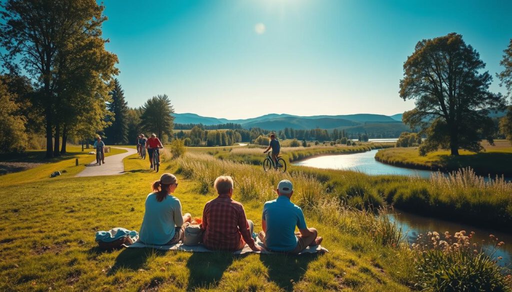 A serene Dalsland landscape showcasing a variety of outdoor activities beyond canoeing. In the foreground, a diverse group of three people enjoys a picnic on a grassy bank, wearing casual, modest clothing. In the middle ground, families can be seen cycling along a scenic path bordered by lush trees and wildflowers, while a couple hikes closer to the shimmering waters of the canal. In the background, gentle hills rise against a clear blue sky. The sunlight casts a warm glow, highlighting the vibrant greens and blues of nature. Captured with a Sony A7R IV at 70mm, the image is sharply focused and vividly detailed, enhanced by a polarized filter to emphasize the lively atmosphere and tranquil mood of the outdoor setting. A serene Dalsland landscape showcasing a variety of outdoor activities beyond canoeing. In the foreground, a diverse group of three people enjoys a picnic on a grassy bank, wearing casual, modest clothing. In the middle ground, families can be seen cycling along a scenic path bordered by lush trees and wildflowers, while a couple hikes closer to the shimmering waters of the canal. In the background, gentle hills rise against a clear blue sky. The sunlight casts a warm glow, highlighting the vibrant greens and blues of nature. Captured with a Sony A7R IV at 70mm, the image is sharply focused and vividly detailed, enhanced by a polarized filter to emphasize the lively atmosphere and tranquil mood of the outdoor setting.