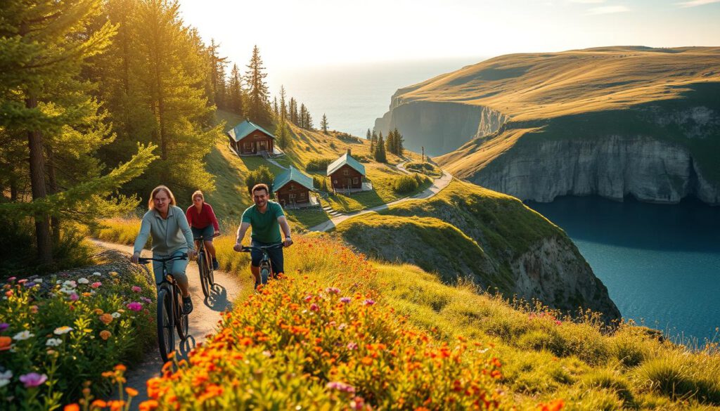 A serene landscape showcasing sustainable tourism in Höga Kusten, with an emphasis on eco-friendly outdoor activities. In the foreground, a diverse group of individuals in modest casual clothing enjoys cycling along a scenic trail bordered by lush green trees and vibrant wildflowers. In the middle ground, picturesque wooden cabins and eco-lodges nestled among the hills emphasize harmony with nature. The background reveals the dramatic cliffs and vast blue waters of the Gulf of Bothnia under a warm, golden sunlight, casting gentle reflections on the water surface. Shot on a Sony A7R IV at 70mm, the scene is sharply defined with a polarized filter, highlighting the vivid colors and intricate details. The atmosphere is tranquil and inviting, embodying the essence of sustainable outdoor adventure. A serene landscape showcasing sustainable tourism in Höga Kusten, with an emphasis on eco-friendly outdoor activities. In the foreground, a diverse group of individuals in modest casual clothing enjoys cycling along a scenic trail bordered by lush green trees and vibrant wildflowers. In the middle ground, picturesque wooden cabins and eco-lodges nestled among the hills emphasize harmony with nature. The background reveals the dramatic cliffs and vast blue waters of the Gulf of Bothnia under a warm, golden sunlight, casting gentle reflections on the water surface. Shot on a Sony A7R IV at 70mm, the scene is sharply defined with a polarized filter, highlighting the vivid colors and intricate details. The atmosphere is tranquil and inviting, embodying the essence of sustainable outdoor adventure.