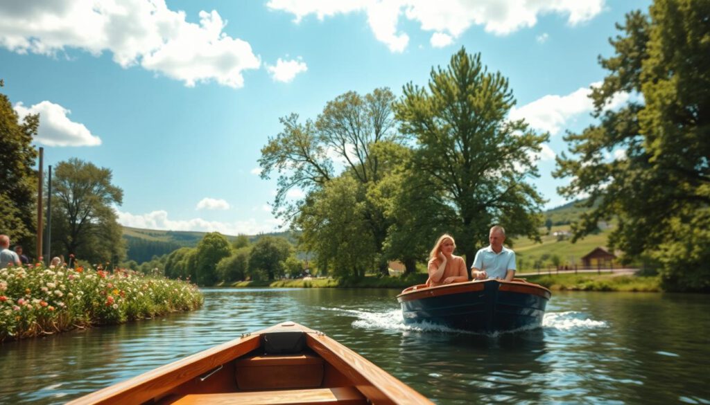 A serene scene depicting a boat cruising through the Göta Canal in Sweden. In the foreground, the charming wooden boat with passengers wearing casual yet modest clothing, enjoying the tranquil ride. The middle ground showcases lush green trees lining the canal, with hints of wildflowers bursting with color. The background features gentle hills and a clear blue sky, dotted with fluffy white clouds. Soft sunlight filters through the trees, creating dappled reflections on the water's surface. The image is shot with a Sony A7R IV at 70mm, maintaining clear focus and sharp definition, enhanced by a polarized filter to accentuate the vibrant colors and details. The atmosphere conveys a sense of peace and exploration, inviting viewers to experience the beauty of this historic canal journey. A serene scene depicting a boat cruising through the Göta Canal in Sweden. In the foreground, the charming wooden boat with passengers wearing casual yet modest clothing, enjoying the tranquil ride. The middle ground showcases lush green trees lining the canal, with hints of wildflowers bursting with color. The background features gentle hills and a clear blue sky, dotted with fluffy white clouds. Soft sunlight filters through the trees, creating dappled reflections on the water's surface. The image is shot with a Sony A7R IV at 70mm, maintaining clear focus and sharp definition, enhanced by a polarized filter to accentuate the vibrant colors and details. The atmosphere conveys a sense of peace and exploration, inviting viewers to experience the beauty of this historic canal journey.