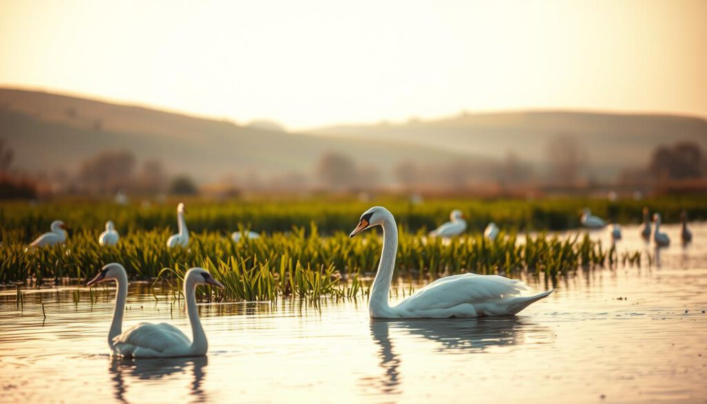 A serene scene of birdlife at Tåkern, showcasing a variety of species such as herons, swans, and ducks. In the foreground, a pair of elegant swans gracefully glide on the shimmering water, their reflections mirrored perfectly. The middle ground features lush green reeds and gentle ripples, with several herons poised on one leg, watching for fish. In the background, the soft silhouette of rolling hills accents the stillness, bathed in the warm golden light of a late afternoon sun. The sky is a soft pastel of pink and orange, creating a tranquil atmosphere. Shot on a Sony A7R IV at 70mm, the image is clearly focused and sharply defined, enhanced by a polarized filter to accentuate the vivid colors and details in the natural setting. A serene scene of birdlife at Tåkern, showcasing a variety of species such as herons, swans, and ducks. In the foreground, a pair of elegant swans gracefully glide on the shimmering water, their reflections mirrored perfectly. The middle ground features lush green reeds and gentle ripples, with several herons poised on one leg, watching for fish. In the background, the soft silhouette of rolling hills accents the stillness, bathed in the warm golden light of a late afternoon sun. The sky is a soft pastel of pink and orange, creating a tranquil atmosphere. Shot on a Sony A7R IV at 70mm, the image is clearly focused and sharply defined, enhanced by a polarized filter to accentuate the vivid colors and details in the natural setting.