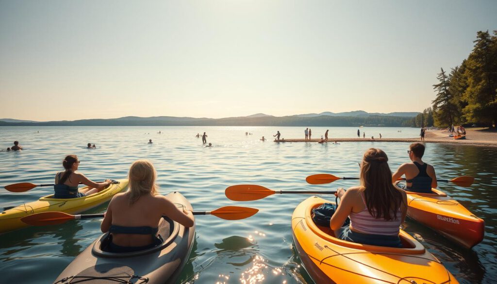 A serene summer scene capturing the beauty of Vättern Lake, with clear blue waters reflecting the sky. In the foreground, a group of diverse individuals in modest casual clothing enjoy kayaking, paddling gracefully on the lake. They are surrounded by lush green trees lining the shore, enhancing the natural beauty. In the middle ground, people are swimming and relaxing on a sandy beach, adding an inviting atmosphere to the scene. The background features the breathtaking silhouette of distant hills under a warm golden sunset, creating a tranquil mood. The image is shot with a Sony A7R IV 70mm lens, sharply focused with a polarized filter to enhance colors and reduce glare, evoking a peaceful and refreshing summer day. A serene summer scene capturing the beauty of Vättern Lake, with clear blue waters reflecting the sky. In the foreground, a group of diverse individuals in modest casual clothing enjoy kayaking, paddling gracefully on the lake. They are surrounded by lush green trees lining the shore, enhancing the natural beauty. In the middle ground, people are swimming and relaxing on a sandy beach, adding an inviting atmosphere to the scene. The background features the breathtaking silhouette of distant hills under a warm golden sunset, creating a tranquil mood. The image is shot with a Sony A7R IV 70mm lens, sharply focused with a polarized filter to enhance colors and reduce glare, evoking a peaceful and refreshing summer day.