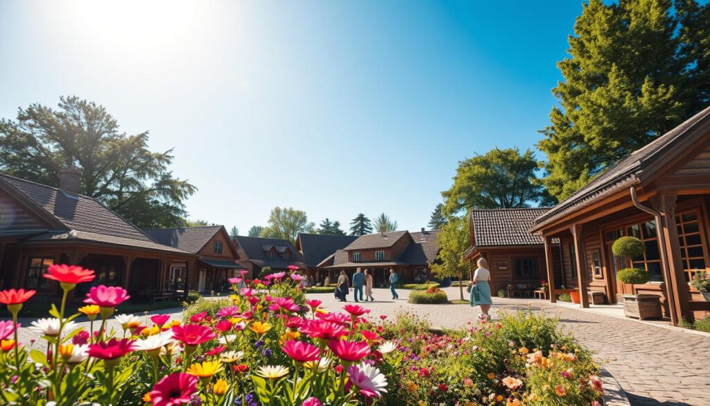 A serene view of Gamla Linköping, the open-air museum, showcasing traditional Swedish wooden houses and cobblestone streets under a bright blue sky. In the foreground, a vibrant flower garden bursts with colorful blooms, adding life to the scene. The middle ground features well-preserved historic buildings, with people in modest casual clothing strolling and enjoying the atmosphere. In the background, lush green trees frame the museum, creating a tranquil and inviting ambiance. The image captures the essence of a sunny day, with soft, warm lighting accentuating the textures of the wooden structures. Shot on a Sony A7R IV at 70mm, the scene is clearly focused and sharply defined, enhanced with a polarized filter for vivid colors and contrasts. A serene view of Gamla Linköping, the open-air museum, showcasing traditional Swedish wooden houses and cobblestone streets under a bright blue sky. In the foreground, a vibrant flower garden bursts with colorful blooms, adding life to the scene. The middle ground features well-preserved historic buildings, with people in modest casual clothing strolling and enjoying the atmosphere. In the background, lush green trees frame the museum, creating a tranquil and inviting ambiance. The image captures the essence of a sunny day, with soft, warm lighting accentuating the textures of the wooden structures. Shot on a Sony A7R IV at 70mm, the scene is clearly focused and sharply defined, enhanced with a polarized filter for vivid colors and contrasts.