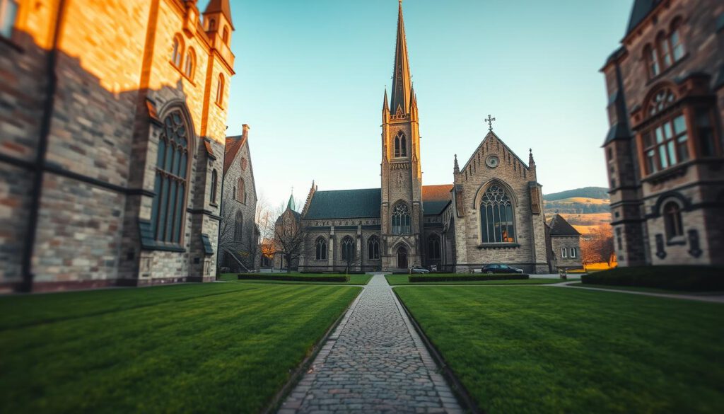 A serene view of Klosterkirche Vadstena, showcasing its stunning Gothic architecture with intricately detailed stonework and large stained glass windows. In the foreground, lush green lawns and neatly lined cobblestone pathways invite visitors, while in the middle ground, the majestic church rises, its spire reaching into a clear blue sky. The background features gentle rolling hills, hinting at the beauty of the surrounding countryside. The scene is bathed in warm, golden hour lighting, enhancing the rich textures of the building's façade. The image is captured with a Sony A7R IV at 70mm for sharp detail, using a polarized filter to reduce glare and boost color vibrancy, conveying a peaceful and reverent atmosphere. No people are present in the scene. A serene view of Klosterkirche Vadstena, showcasing its stunning Gothic architecture with intricately detailed stonework and large stained glass windows. In the foreground, lush green lawns and neatly lined cobblestone pathways invite visitors, while in the middle ground, the majestic church rises, its spire reaching into a clear blue sky. The background features gentle rolling hills, hinting at the beauty of the surrounding countryside. The scene is bathed in warm, golden hour lighting, enhancing the rich textures of the building's façade. The image is captured with a Sony A7R IV at 70mm for sharp detail, using a polarized filter to reduce glare and boost color vibrancy, conveying a peaceful and reverent atmosphere. No people are present in the scene.