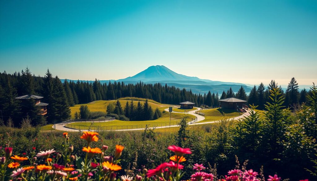 A serene view of Öko-Park Halle- und Hunneberg, featuring lush greenery with dense forests and vibrant wildflowers in the foreground. In the middle ground, showcase winding walking paths and eco-friendly facilities, such as wooden observation decks and informative signs about the local biodiversity. The background displays the majestic silhouette of Hunneberg mountain under a clear blue sky, with soft sunlight casting gentle shadows across the landscape. Capture the scene with a Sony A7R IV at 70mm for sharp detail and vibrant colors, using a polarized filter to enhance the natural beauty and contrast. The overall mood should exude tranquility and a sense of adventure, ideal for nature lovers and outdoor enthusiasts. A serene view of Öko-Park Halle- und Hunneberg, featuring lush greenery with dense forests and vibrant wildflowers in the foreground. In the middle ground, showcase winding walking paths and eco-friendly facilities, such as wooden observation decks and informative signs about the local biodiversity. The background displays the majestic silhouette of Hunneberg mountain under a clear blue sky, with soft sunlight casting gentle shadows across the landscape. Capture the scene with a Sony A7R IV at 70mm for sharp detail and vibrant colors, using a polarized filter to enhance the natural beauty and contrast. The overall mood should exude tranquility and a sense of adventure, ideal for nature lovers and outdoor enthusiasts.