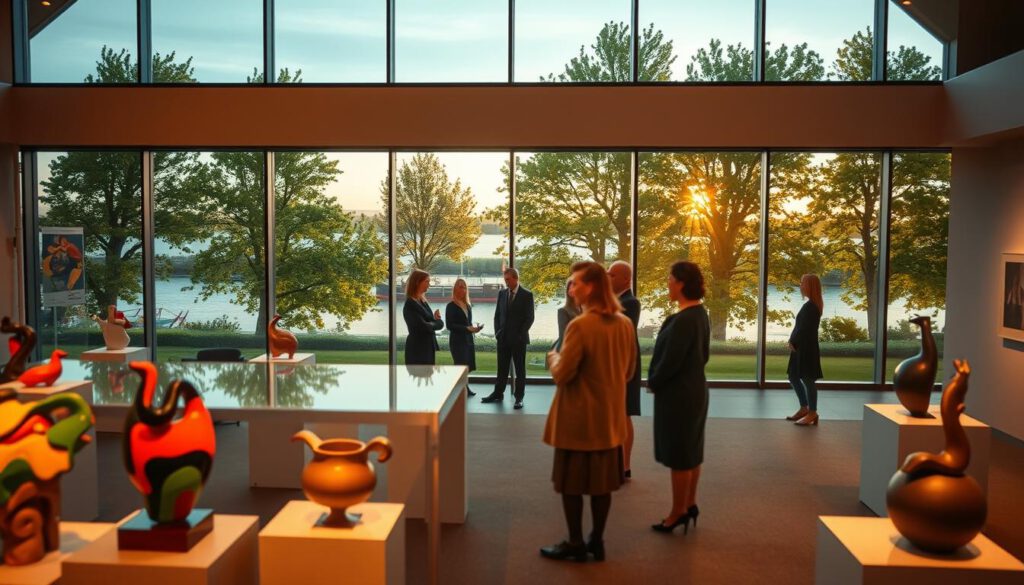 A serene view of the Dalslands Kunstmuseum, showcasing a vibrant collection of contemporary art pieces within a modern architectural setting. In the foreground, a well-curated exhibit showcases colorful abstract sculptures lit softly by warm ambient lighting. The middle ground features elegant, well-dressed individuals observing the art, engaged in discussion and appreciation, reflecting a cultured atmosphere. In the background, large windows reveal a picturesque view of the Dalsland Canal, with lush green trees lining the water, bathed in the golden light of dusk. The image is captured with a Sony A7R IV at 70mm, ensuring sharp details and vibrant colors, enhanced by a polarized filter to minimize reflections. The overall mood is one of tranquility and artistic inspiration, inviting viewers to explore the intersection of nature and creativity. A serene view of the Dalslands Kunstmuseum, showcasing a vibrant collection of contemporary art pieces within a modern architectural setting. In the foreground, a well-curated exhibit showcases colorful abstract sculptures lit softly by warm ambient lighting. The middle ground features elegant, well-dressed individuals observing the art, engaged in discussion and appreciation, reflecting a cultured atmosphere. In the background, large windows reveal a picturesque view of the Dalsland Canal, with lush green trees lining the water, bathed in the golden light of dusk. The image is captured with a Sony A7R IV at 70mm, ensuring sharp details and vibrant colors, enhanced by a polarized filter to minimize reflections. The overall mood is one of tranquility and artistic inspiration, inviting viewers to explore the intersection of nature and creativity.