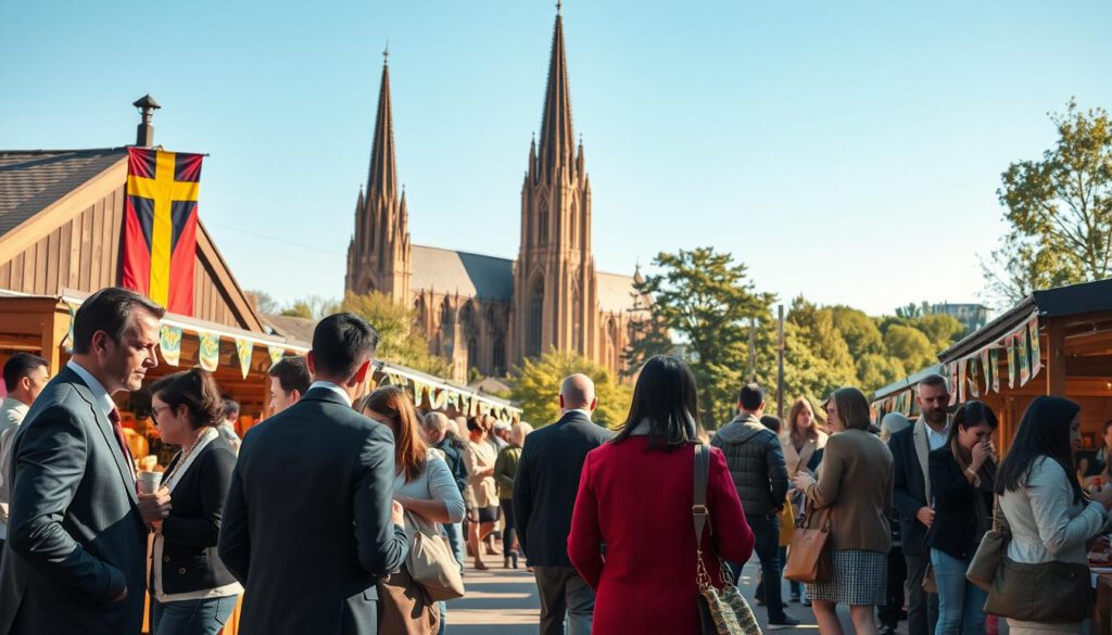 A vibrant scene showcasing events in Linköping, Sweden. In the foreground, diverse people in professional business attire and modest casual clothing are enjoying a festive outdoor market, engaging in conversations and sampling local delicacies. In the middle ground, rustic wooden stalls display traditional Swedish crafts and foods, with colorful banners decorating the area. The background features the stunning Linköping Cathedral, its towering spires reaching towards a clear blue sky, and the lush greenery of the nearby park. The scene is bathed in warm, natural light as the late afternoon sun casts soft shadows, creating an inviting atmosphere. The image captures a lively and culturally rich event, encouraging travelers to immerse themselves in the local experience. Shot on a Sony A7R IV, 70mm lens, ensuring clear focus and sharp definition with a polarized filter. A vibrant scene showcasing events in Linköping, Sweden. In the foreground, diverse people in professional business attire and modest casual clothing are enjoying a festive outdoor market, engaging in conversations and sampling local delicacies. In the middle ground, rustic wooden stalls display traditional Swedish crafts and foods, with colorful banners decorating the area. The background features the stunning Linköping Cathedral, its towering spires reaching towards a clear blue sky, and the lush greenery of the nearby park. The scene is bathed in warm, natural light as the late afternoon sun casts soft shadows, creating an inviting atmosphere. The image captures a lively and culturally rich event, encouraging travelers to immerse themselves in the local experience. Shot on a Sony A7R IV, 70mm lens, ensuring clear focus and sharp definition with a polarized filter.