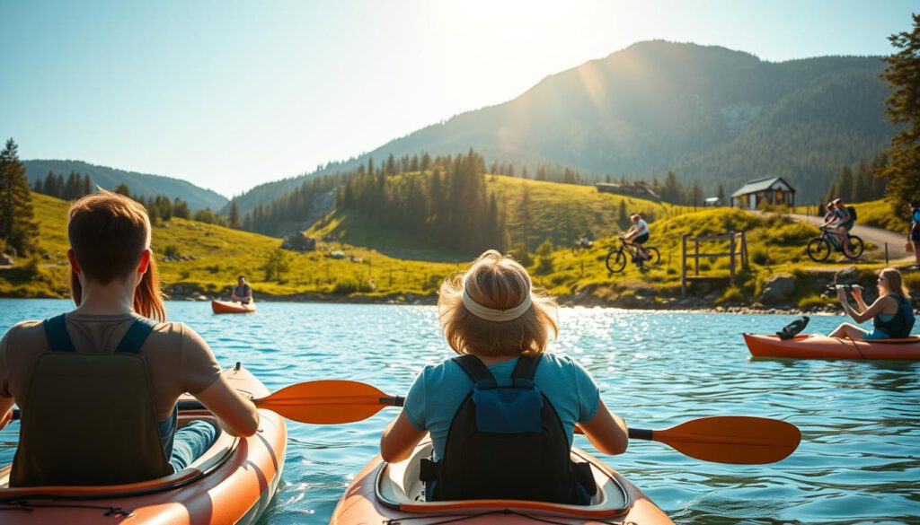 A vibrant summer scene in Örnsköldsvik showcasing outdoor activities, captured from a slight elevation with a 70mm lens on a Sony A7R IV. In the foreground, a group of diverse adults engages in kayaking on a clear blue lake, their modest casual clothing reflecting the active lifestyle. The middle ground features lush green hills dotted with hikers enjoying the panoramic views, while a few mountain bikers traverse a nearby trail. In the background, the sun casts a warm golden light over the picturesque Höga Kusten landscape, with forested mountains meeting the bright sky. The atmosphere is lively and adventurous, inviting the viewer to experience the beauty of summer in Örnsköldsvik. The image is clearly focused and sharply defined, utilizing a polarized filter to enhance the colors. A vibrant summer scene in Örnsköldsvik showcasing outdoor activities, captured from a slight elevation with a 70mm lens on a Sony A7R IV. In the foreground, a group of diverse adults engages in kayaking on a clear blue lake, their modest casual clothing reflecting the active lifestyle. The middle ground features lush green hills dotted with hikers enjoying the panoramic views, while a few mountain bikers traverse a nearby trail. In the background, the sun casts a warm golden light over the picturesque Höga Kusten landscape, with forested mountains meeting the bright sky. The atmosphere is lively and adventurous, inviting the viewer to experience the beauty of summer in Örnsköldsvik. The image is clearly focused and sharply defined, utilizing a polarized filter to enhance the colors.