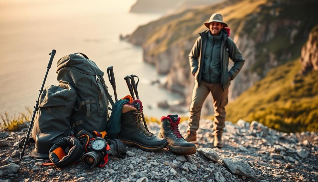 A well-composed image showcasing essential gear and clothing for hiking the High Coast Trail. In the foreground, display a collection of high-quality hiking equipment, including a durable backpack, trekking poles, and waterproof boots, arranged neatly on a rocky surface. In the middle ground, feature a model dressed in professional hiking attire—layered synthetic clothing, a breathable jacket, and a sturdy hat, positioned in an engaging stance as if ready to start a hike. In the background, depict the stunning Ostsee coastline under soft, ambient lighting, with lush greenery and rocky cliffs. The shot should be taken on a Sony A7R IV at 70mm, with a polarized filter enhancing colors, ensuring sharp focus and vivid detail. The overall atmosphere should evoke a sense of adventure and readiness for exploration. A well-composed image showcasing essential gear and clothing for hiking the High Coast Trail. In the foreground, display a collection of high-quality hiking equipment, including a durable backpack, trekking poles, and waterproof boots, arranged neatly on a rocky surface. In the middle ground, feature a model dressed in professional hiking attire—layered synthetic clothing, a breathable jacket, and a sturdy hat, positioned in an engaging stance as if ready to start a hike. In the background, depict the stunning Ostsee coastline under soft, ambient lighting, with lush greenery and rocky cliffs. The shot should be taken on a Sony A7R IV at 70mm, with a polarized filter enhancing colors, ensuring sharp focus and vivid detail. The overall atmosphere should evoke a sense of adventure and readiness for exploration.