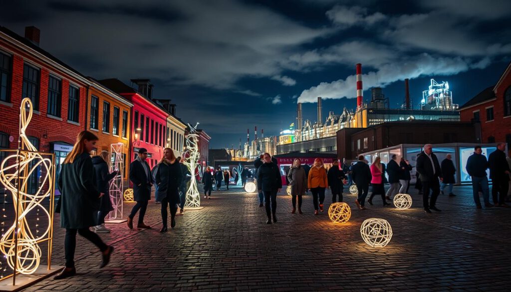 Norrköping's vibrant Lichtfestival, showcasing the rich industrial heritage of the city. In the foreground, artistic light installations illuminate the cobblestone streets, surrounded by historic brick buildings reflecting centuries of industry. The middle ground features people in professional attire exploring the festival, their expressions filled with wonder as they admire the installations. The background reveals the striking silhouette of old factories bathed in colorful lights against the night sky, while gentle clouds drift above. The overall atmosphere is lively yet contemplative, with a mix of modern artistry and historical significance. Captured with a Sony A7R IV at 70mm, ensuring sharp focus and rich detail, enhanced by a polarized filter for vibrant colors and contrast. Norrköping's vibrant Lichtfestival, showcasing the rich industrial heritage of the city. In the foreground, artistic light installations illuminate the cobblestone streets, surrounded by historic brick buildings reflecting centuries of industry. The middle ground features people in professional attire exploring the festival, their expressions filled with wonder as they admire the installations. The background reveals the striking silhouette of old factories bathed in colorful lights against the night sky, while gentle clouds drift above. The overall atmosphere is lively yet contemplative, with a mix of modern artistry and historical significance. Captured with a Sony A7R IV at 70mm, ensuring sharp focus and rich detail, enhanced by a polarized filter for vibrant colors and contrast.