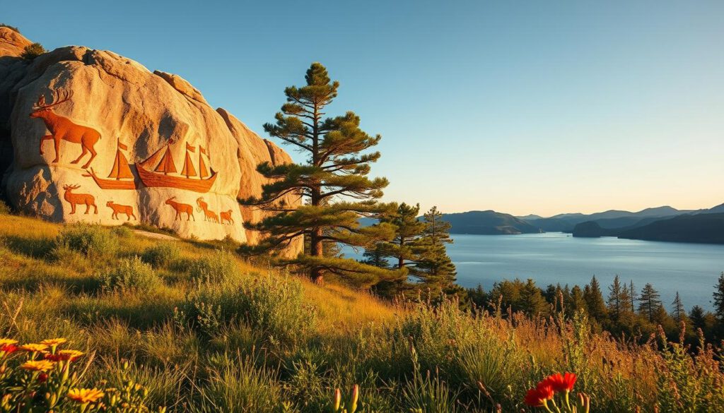 Vivid rock carvings of Högbyn in Sweden, prominently displayed on rugged cliffs, showcasing ancient images of elk and boats, glowing under warm, golden sunlight. In the foreground, a lush green landscape with wildflowers adds vibrant color, while the tranquil surface of Vänernsee reflects the sky, creating a serene atmosphere. The middle ground features a cluster of pine trees framing the carvings, enhancing the natural beauty of the scene. In the background, gentle hills roll under a clear blue sky, suggesting the peaceful wilderness of the area. Shot on a Sony A7R IV at 70mm, the image is sharply defined with a polarized filter, capturing the stunning contrasts and detail of this historical site. The overall mood is one of discovery and connection to nature. Vivid rock carvings of Högbyn in Sweden, prominently displayed on rugged cliffs, showcasing ancient images of elk and boats, glowing under warm, golden sunlight. In the foreground, a lush green landscape with wildflowers adds vibrant color, while the tranquil surface of Vänernsee reflects the sky, creating a serene atmosphere. The middle ground features a cluster of pine trees framing the carvings, enhancing the natural beauty of the scene. In the background, gentle hills roll under a clear blue sky, suggesting the peaceful wilderness of the area. Shot on a Sony A7R IV at 70mm, the image is sharply defined with a polarized filter, capturing the stunning contrasts and detail of this historical site. The overall mood is one of discovery and connection to nature.